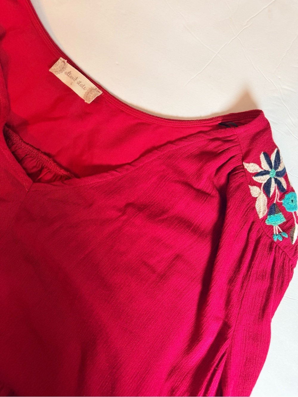 Altar'd State Embroidered Mini Dress Size Large Long Sleeve Red Boho